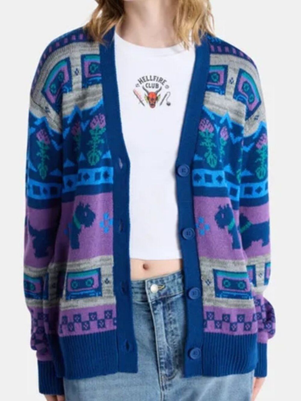 Stanger Things Cardigan Sweater Size XS Oversized Novelty Cassette Tape Terrier